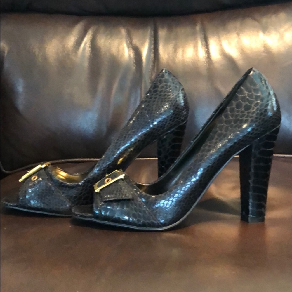 Never worn — Black open-toe heels with gold buckle